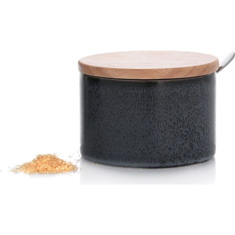 Zuckerdose mit Holzdeckel und Löffel, Warewood, schwarz, Duka