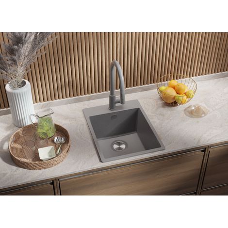 PRIMAGRAN Evier Cuisine en Granit 38x50cm, Lavabo 1 bac + Kit de Vidage, Évier à Encastrer au meuble 40cm - Riga, Gris