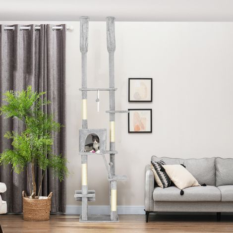 Árbol rascador para gatos de suelo a techo, altura regulable de 225 a 255 cm, 6 niveles con hamaca y casita, color gris claro.