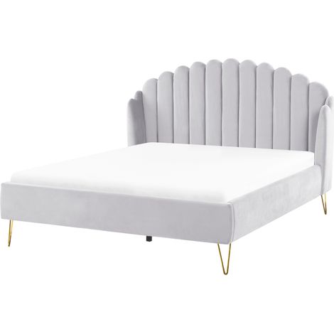 Cama con somier de terciopelo gris claro dorado 160 x 200 cm cabecero Ambillou