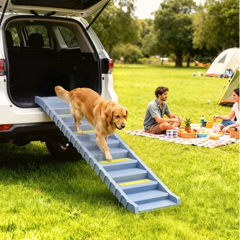 Rampa plegable para perros, 10 peldaños antideslizantes, 154 x 40 cm, gris OKMYHOME (1/5)