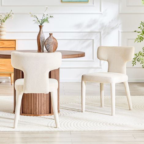 Lot de 2 chaises de salle à manger modernes, dossier en T incurvé, assise ronde rembourrée en tissu, 4 pieds métal avec patins antidérapants (1/5)