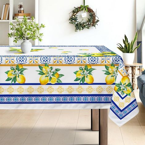 Nappe 140x180cm motif citron, carreaux méditerranéens, bleu-jaune, rectangulaire