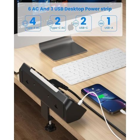 6-fach-Steckdosenleiste für den Schreibtisch, Tischsteckdose mit USB-C-Anschluss, Überspannungsschutz mit Aluminium-Tischhalterung, 20-W-PD-Schnellladefunktion, abgewinkelte Mehrfachsteckdose, 2-m-Kab (1/4)