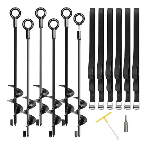 Ancrage au Sol 45 cm Piquets d’Ancrage Spiralés à Visser Ancrage Trampoline Anti-Vent Sangles d’Arrimage Réglables Outils Douille Balançoire Tente Tonnelle Abri Carport (1/5)