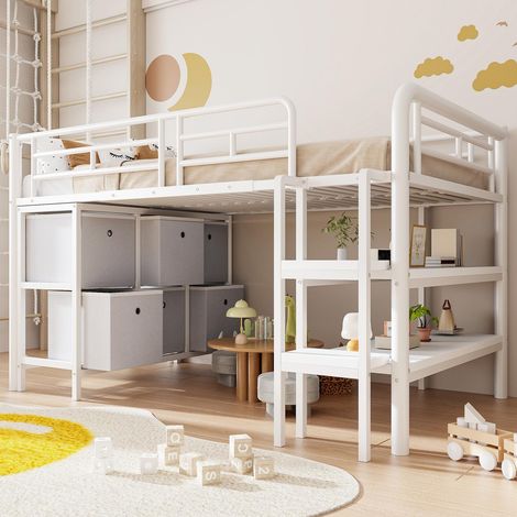 Lit mezzanine 90x200cm - Lit enfant avec rangement, escalier large, angles arrondis, tiroirs et étagères - en métal blanc (1/5)