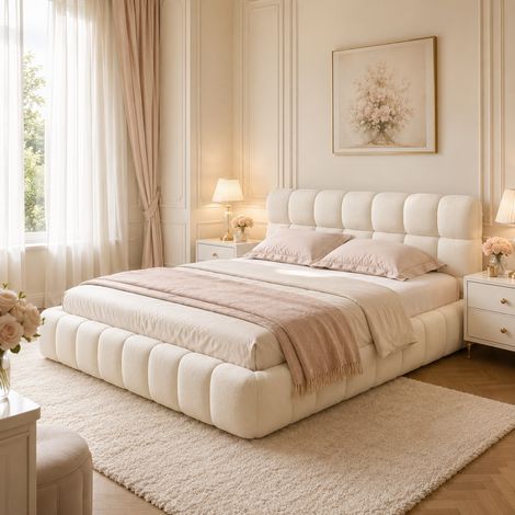Lit double rembourré 140x190cm avec sommier, Lit Bubble avec dossier moelleux, lit plat avec bordure rembourrée, lin beige (1/5)