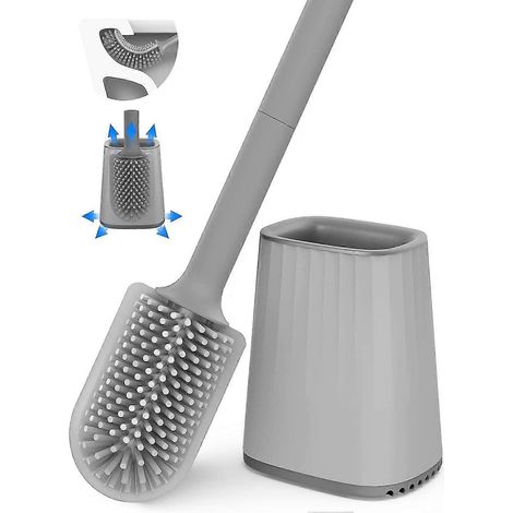 Brosse de toilette, brosse de toilette en silicone avec support, brosse de nettoyage en profondeur pour les coins difficiles d'accès, support à séchage rapide et manche long flexible fixé au mur. (1/5)