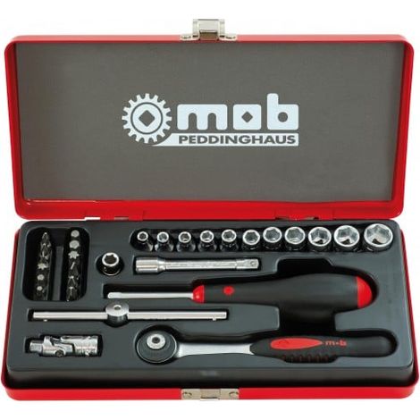Mob Outillage – Coffret cliquet 1/4" 29 pièces 6 pans – Cliquet rond Premium 72 dents – Douilles 6 pans robustes – Coffret métallique durable