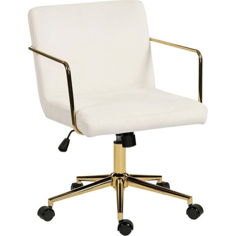 Chaise de bureau à roulettes avec détails dorés, chaise d'ordinateur avec piètement en métal, revêtement en tissu aspect velours, blanc crème