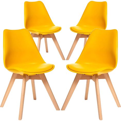 4 Chaises Tulipes Salle à Manger Scandinaves Bm Home Salle de Bureau, Pieds en Bois de Hêtre Massif, Colorie Jaune (1/5)