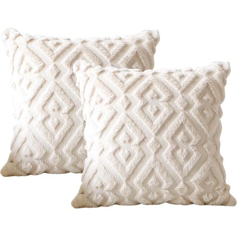 Lot de 2 housses de coussin décoratives en velours de laine courte et doux, style luxueux, pour canapé ou chambre à coucher - Forme géométrique moderne, beige, 45 x 45 cm