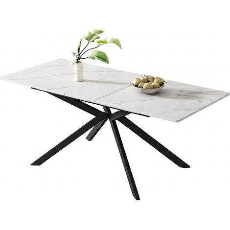 ELVMI Esstisch Ausziehbar mit 1 Platte und Kreuzgestell, Marmoreffekt, Wohnzimmer, aus MDF und Metall, Schwarz und Weiß, 180 x 70 x 75.5 cm (1/5)