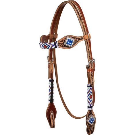 Testiera western in cuoio decorato a rombi con perline blu
