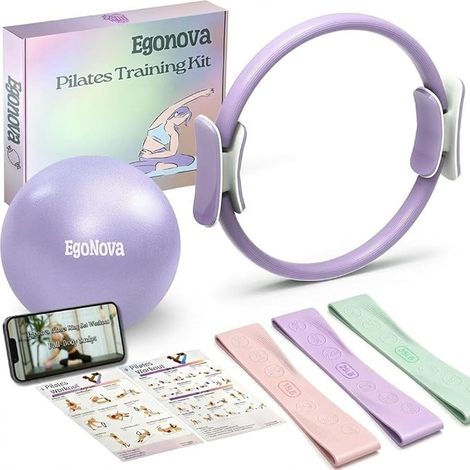 Kit Pilates Femmes Anneau 14", Mini Ballon, Poids Chevilles/Poignets 2 LB, Bandes résistance, (1/2)