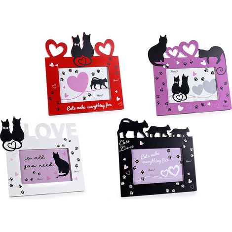 Portafoto gatto in legno colorato e decori a cuore da appoggiare, set da 4 pezzi, cm 22 x 21,5 H