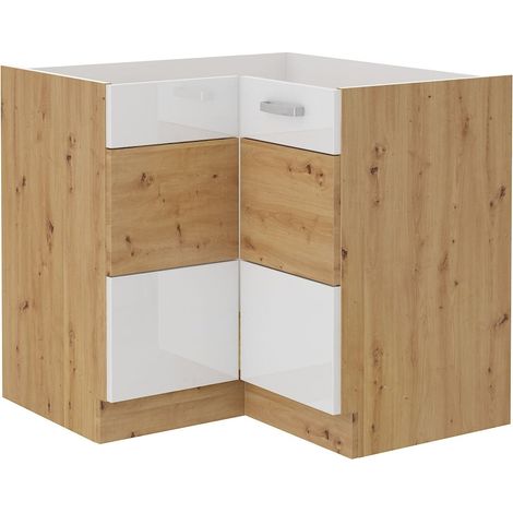 Eckunterschrank 90x90 cm Eiche Artisan + Weiss Hochglanz Küchenzeile Küchenblock (1/3)