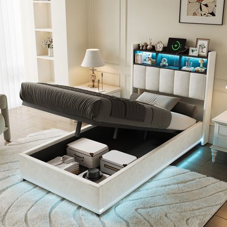 Cama individelal 90x200 cm, con LED réglabel, ports USB, cabecero de rangement, terciopelo, système de almacenamiento hidráulico, somier de láminas, cama infantil - Blanco
