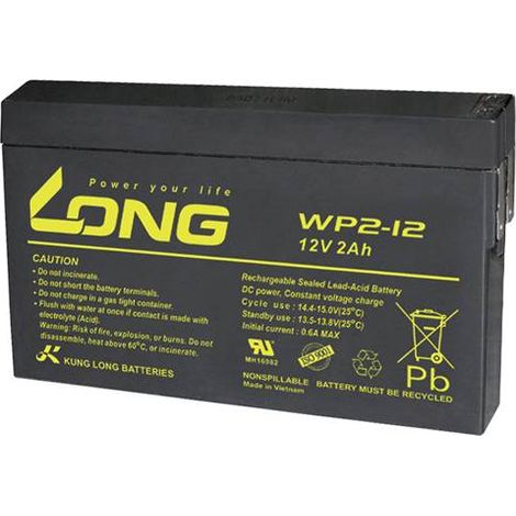Accumulateur au plomb KUNG LONG Standby, WP2-12, 12 V-, 2 Ah, Faston 4,8 mm