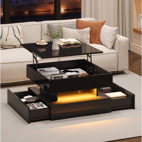 Table basse relevable 65 x 65 x 38,5 cm avec LED, 2 tiroirs, noir DESVIAE (1/5)