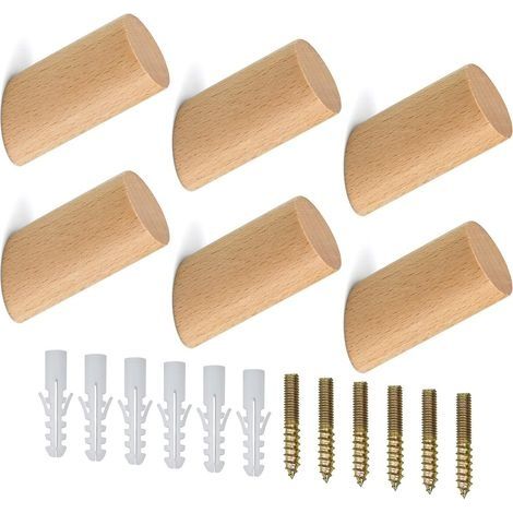 6 Pièces Patère Bois Crochet Mural Bois Cylindre Crochet Avec 6 Vis pour Vêtements Suspendus Chapeau écharpes Chambre Couloir Salon (1/5)