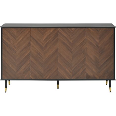 Buffet moderne en MDF avec motif chevron, 4 portes et étagères réglables, noir et brun, pour salon et salle à manger (1/5)