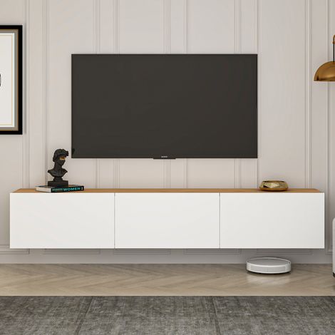 Porta TV sospeso con armadi 150 cm bianco e legno HAL
