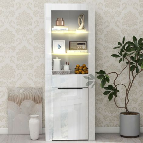 Vitrine blanche 60x35,5x165cm avec éclairage LED intégré, étagères. Bibliothèque/classeur autoportant pour cuisine, salon, bureau (1/5)