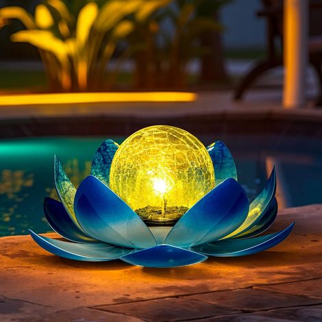 Lampes solaires d'extérieur en Forme de Pétale de Lotus en métal - Lanterne en Verre Craquelé - Étanche - pour Terrasse, Pelouse, Allée, étang (Bleu) (1/5)