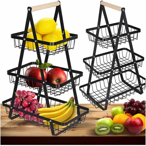 Cestino per la frutta a tre livelli in metallo e legno, nero (1/5)