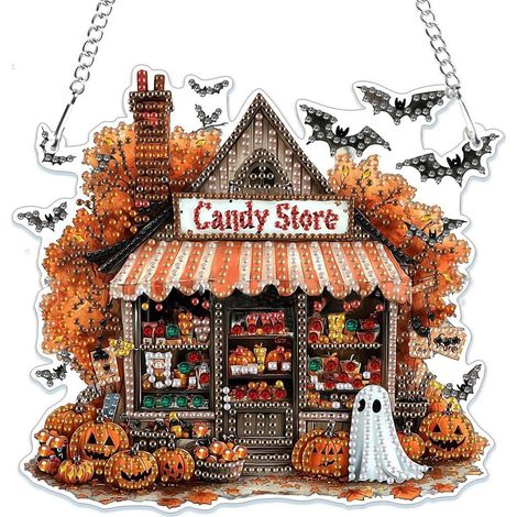 Halloween Diamantmalerei Anhänger, Fensterbild Kürbis Geist, Bastelset für Kinder & Erwachsene (1/4)