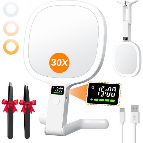 Miroir Grossissant Lumineux 2500mAh 1X/30X, Support 4-en-1, Blanc Affichage de batterie et heure, pinces incluses, 3 couleurs réglables, miroir maquillage pliable pour maison et voyage (1/5)