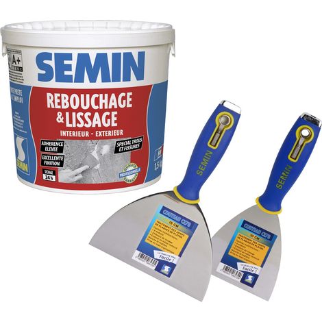 Enduit de rebouchage en pâte spécial fissures et trous de vis Semin - intérieur/extérieur - Seau de 1,5 kg, un couteau à enduire - 10 cm et un couteau à enduire multifonctions - 15 cm