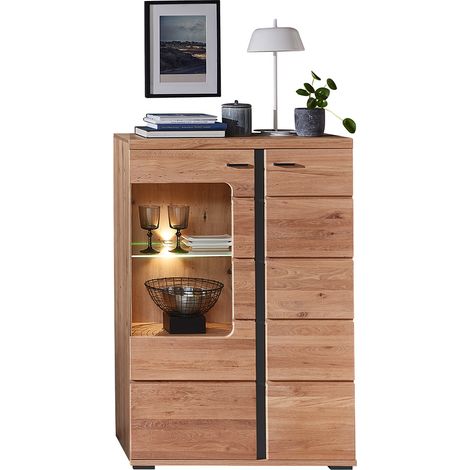 Highboard Vitrine mit Esche Massivholzfront inkl. LED-Beleuchtung STAVEN-36 mit Absetzungen in schwarz matt, B/H/T ca. 90/134/38 cm (1/4)