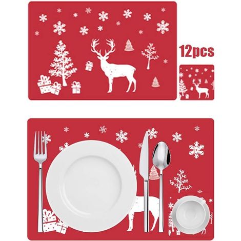 12PCS Tapis de Table de Noël,Napperon de Noël,Napperon Décoration,Tapis de Table a Manger,Set de Table Noel Rouge,Tapis de Table Rectangulaire PVC (1/5)