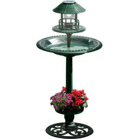 TERRE JARDIN - TERRE JARDIN - Fuente bebedero para pájaros con pie - Comedero, posadero, lámpara solar LED, maceta integrada, 90 cm, resina efecto hierro fundido