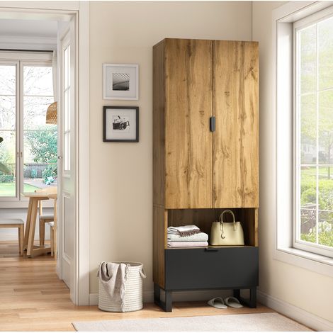 Armadio guardaroba 65x38x180 cm naturale e nero in truciolare con cassetto, ripiani regolabili e barra appendiabiti (1/5)