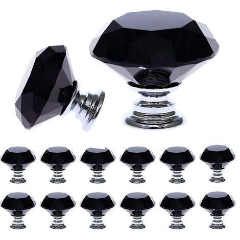 12 tiradores de cristal negro para muebles (30 mm), pomos para muebles de varios tamaños, pomos para puertas, tiradores para cajones, tiradores para puertas de cocina, oficina, dormitorio y armario -C