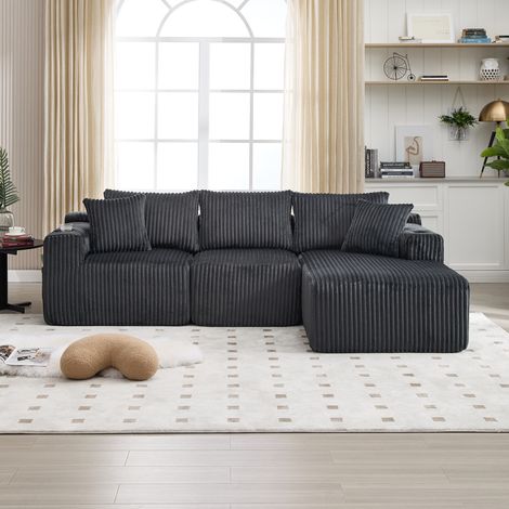 Canapé modulable avec chaise longue et 2 places, cord gris, 5 coussins DESVIAE (1/5)