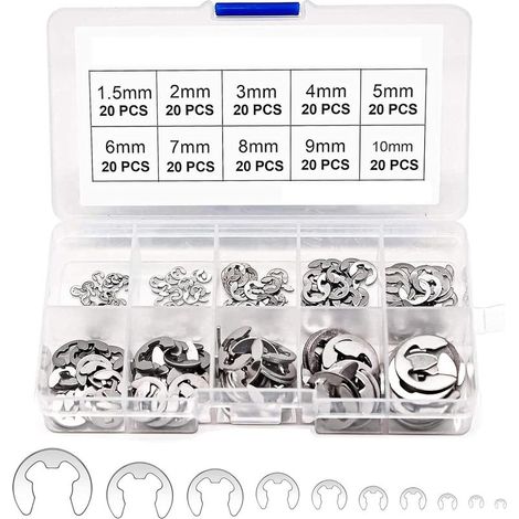 200 E-Clips Anneau de Retenue Externe Snap, Kit de Assortiment Anneau de Circlips Interne Acier Inoxydable - 1.5/2/3/4/5/6/7/8/9/10 mm (1/5)