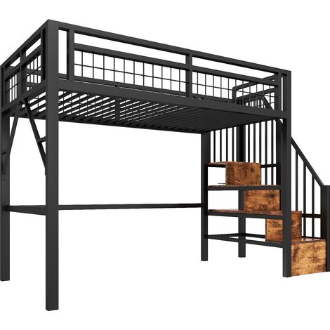 Cama alta infantil 90 x 200 cm de metal y MDF con LED y escalera con almacenaje, negra (1/5)