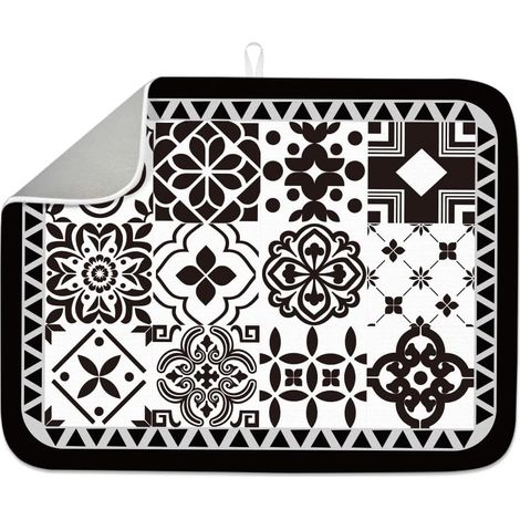 Tapis d'égouttoir à vaisselle pour comptoir de cuisine, motif mandala noir, 45,7 x 61 cm, tapis d'égouttoir mexicain absorbant en microfibre résistant à la chaleur pour table, robinet, évier (1/5)