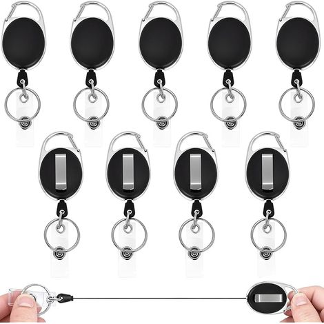 Lot de 10 Porte-Clés Rétractables avec Cordon Résistant de 63 cm, cordon rétractable Avec Enrouleur de Ceinture, Porte-Badge Mousqueton Robuste, pour Clés Carte D'identité(Noir) (1/5)