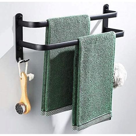 Bathroom Towel Rack, Black Adhesive Wall-Mounted Towel Bars for Shower and Kitchen, Waterproof Towel Bars with Hook (Two 50cm Rods) (1/5)