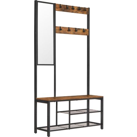 VASAGLE Appendiabiti, Mobile Ingresso con Ganci, Specchio, Panca Scarpiera e Ripiani, 36 x 98 x 185 cm, Corridoio Camera da Letto Salotto, Marrone Vintage e Nero HSR050B01 (1/5)