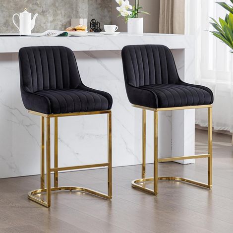 Barhocker 2er Set Samt mit Rückenlehne und goldenem Metallbein, Schwarz (1/5)