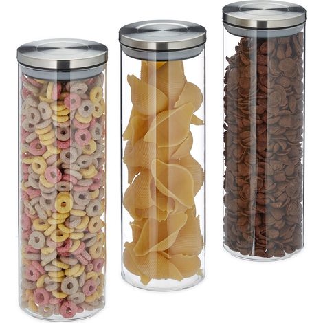Relaxdays Vorratsglas 3er Set, luftdicht, Edelstahl Deckel, für Pasta, Müsli & Reis, 1,6 l Küchenbehälter, transparent