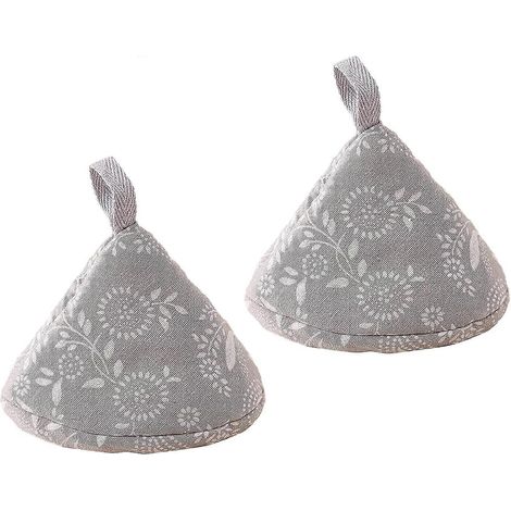 Lot de 2 housses de poignée de casserole en coton résistant à la chaleur, maniques de cuisine, gants de four, capuchons triangulaires isolants antidérapants pour couvercles de casseroles (gris floral) (1/5)