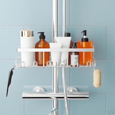 Étagère de douche sans perçage pour barre ronde - Étagère de rangement en acier inoxydable - Shampoing, porte-savon (argenté) (1/5)