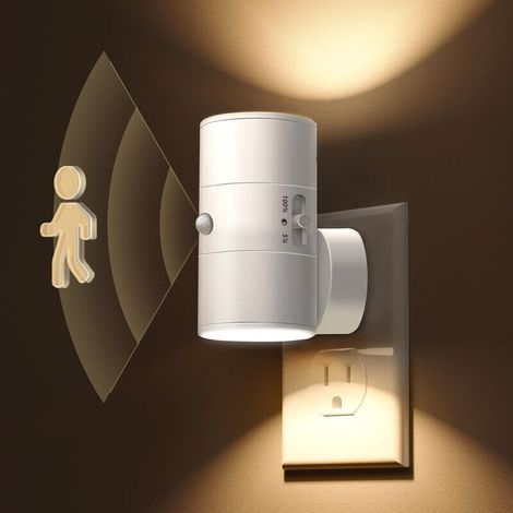 Veilleuse LED moderne à brancher sur prise murale, lumière blanc chaud 0-100 lm réglable, avec capteur, pour chambre et couloir (1/5)